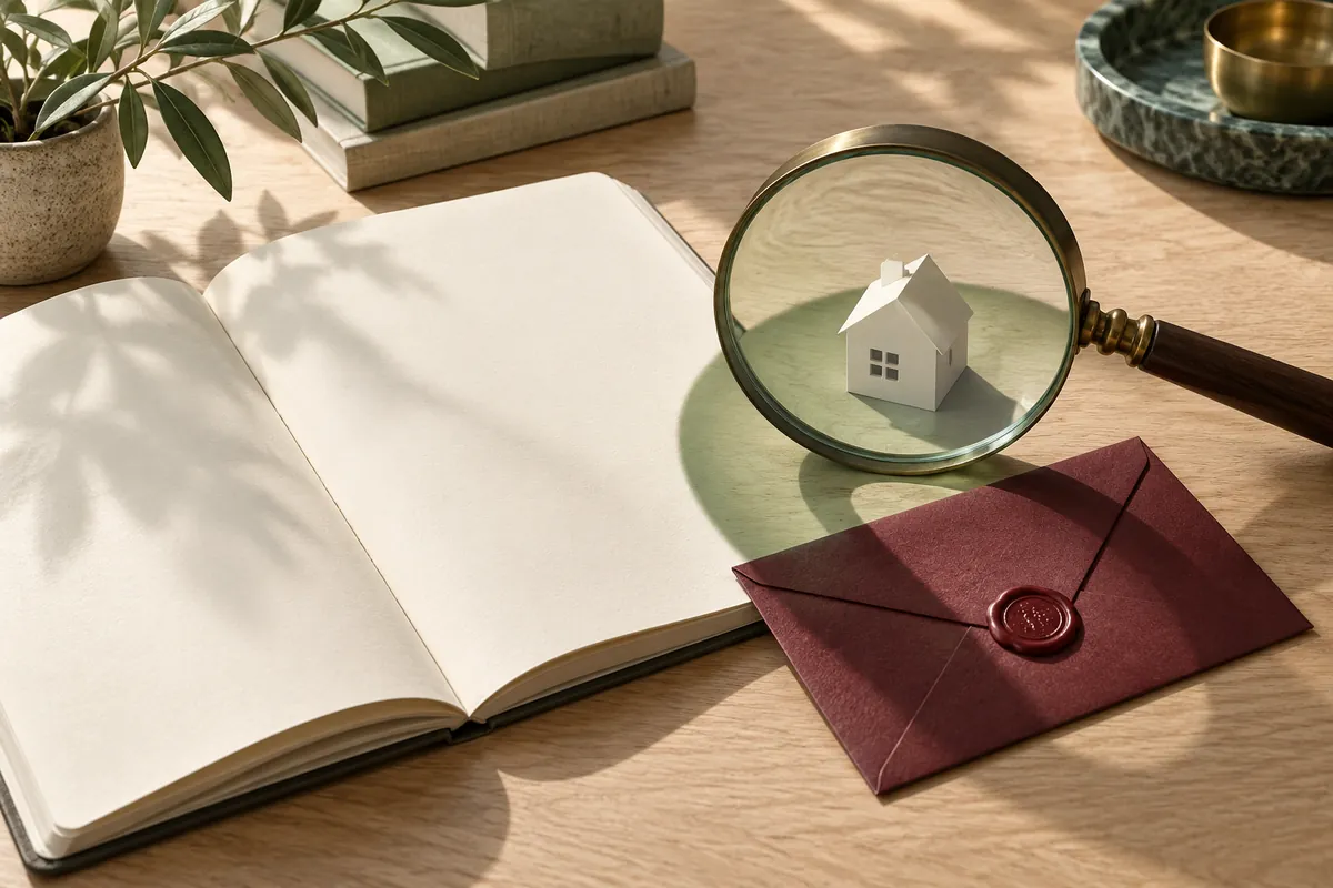 Una lente osserva una casa di carta, accanto a un quaderno aperto e a una busta chiusa