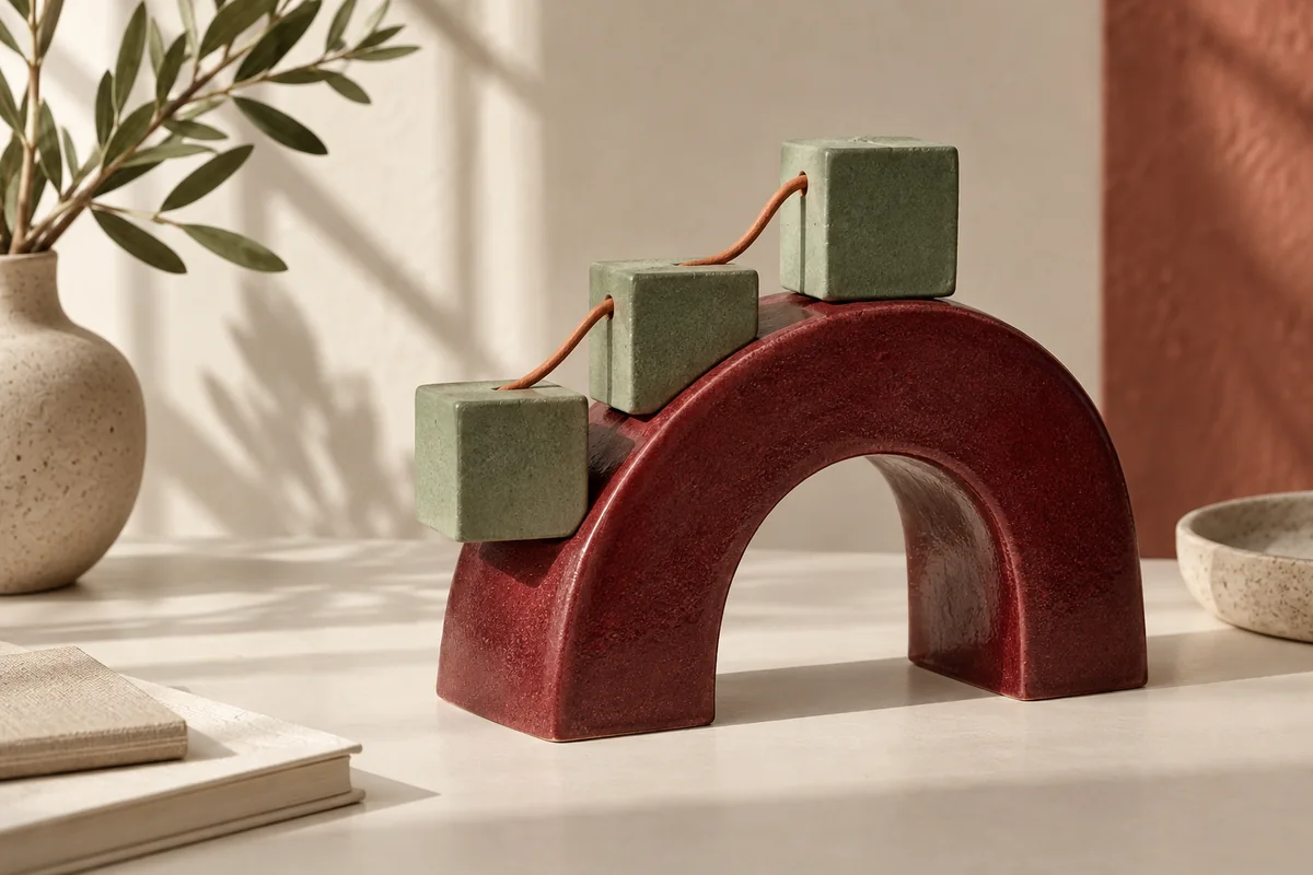 Tre piccoli blocchi collegati da un filo sopra un arco di ceramica